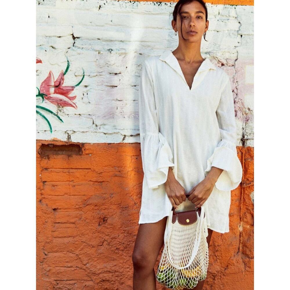 Women’s White Mini Shirt Dress with Bell Sleeves